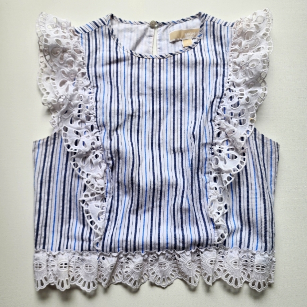 Michael Kors Cotton Top White Embroidered Lace Blue Striped Cropped